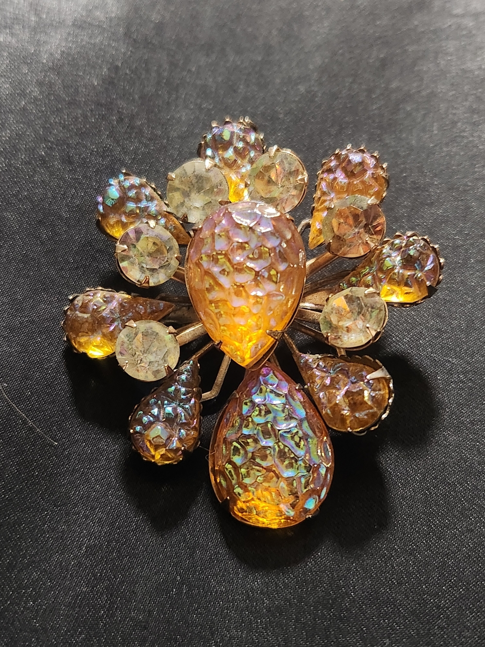 Vintage Dragon Breath Glass Brooch Amber AB Rhinestone Starburst Pin